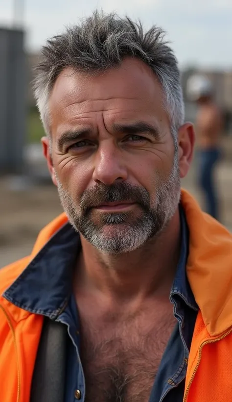 masterpiece, best quality, high resolution, closeup portrait, male focus, solo focus, A man, 40 years old, with construction worker uniform, unbuttoned work clothes, construction worker, silver grey hair, messy hairstyle, cute and seductive face, bare ches...