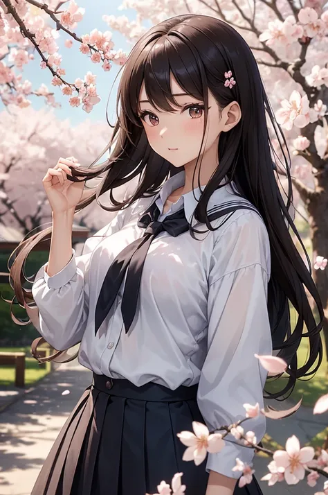  Masterpiece,  Best Quality,   Slim  , 【8k,  a pretty girl,  High school students , Elegantly stretched cherry blossom tree , Flowing petals :1.3,  creates a storm of fleeting petals in the air:1.3, hair flowing in the wind,  through her hair with her hand...