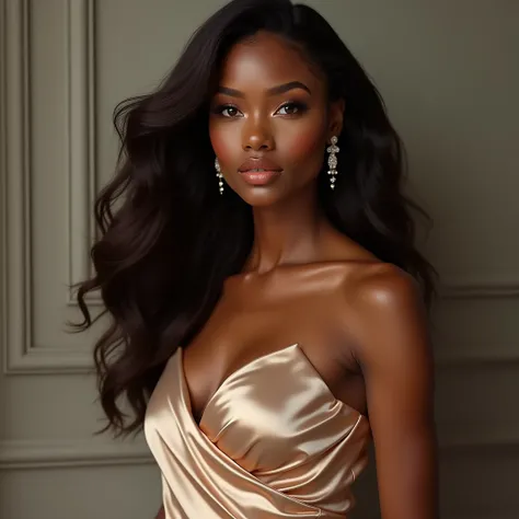 beautiful guyana woman in a satin evening dress