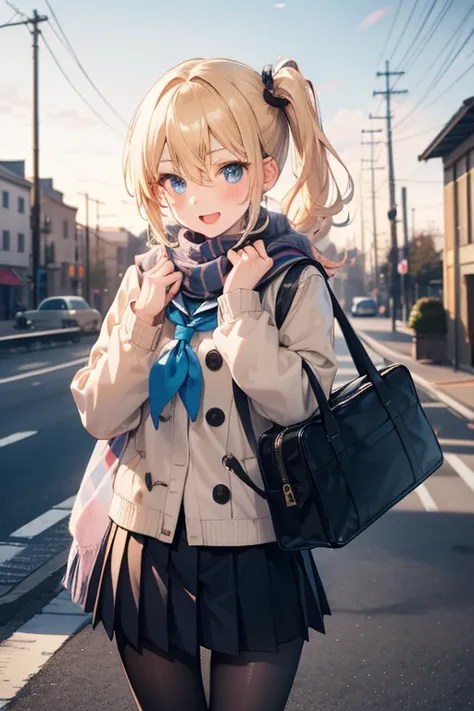 highres, masterpiece, 1girl, solo, side ponytail, looking at viewer, blush, smile, blue eyes, blonde hair, holding, hair between eyes, open mouth, standing, school uniform, scarf, duffel coat, sidelocks, pantyhose, outdoors, cowboy shot, pleated skirt, foo...