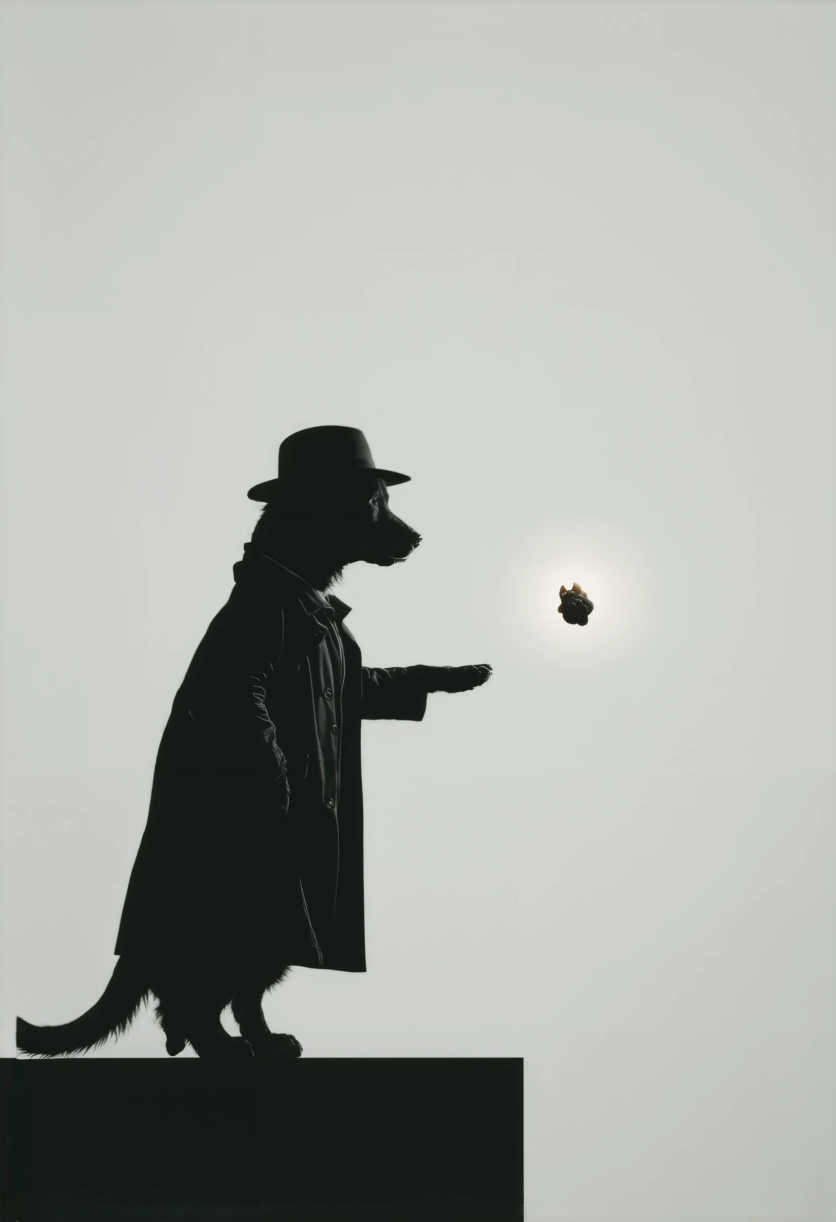 A detective dog in a sleek trench coat and a small fedora hat, captured mid-action as it leans forward on a narrow ledge, one paw resting on the edge while the other reaches out toward a faintly glowing object (a small key or mysterious symbol) suspended i...