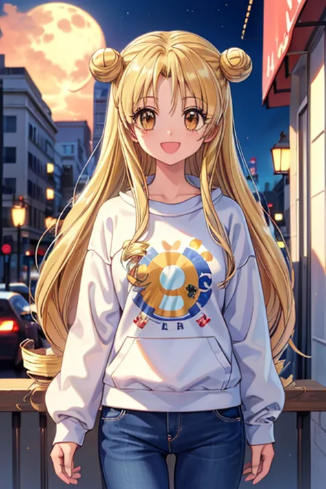 (exceptional, best aesthetic, new, newest, best quality, masterpiece, extremely detailed), Sweatshirt, jeans, 1girl, solo, mitsuki_fullmoon, open_mouth, smile, looking_at_viewer,hair_bun, drill_hair, city