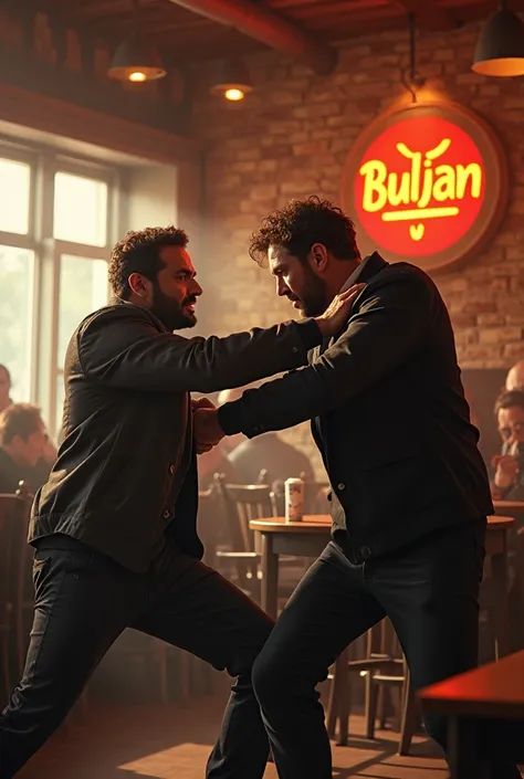 Fighting 2 man in caffe with logo BULJAN