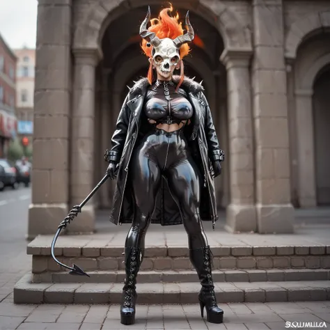 1 girl, anime style, full body, front view, fit body, SkullMask, Skull, Mask. ((Horns mask)), Demon horn, flaming hair, ((hidden ears)), huge tits, huge ass, huge brasts, black jacket with spikes, black bodysuit, high boots, black leather glove