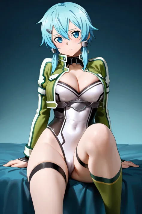 NSFW, Masterpiece, top quality, high res, very detailed,Chinon\( Sword Art Online\), SHORT HAIR, hair between eyes, light blue hair, bright blue eyes , hair ornament, hair clip, cropped jacket, green jacket , leotard, cleavage, black shorts, green knee soc...