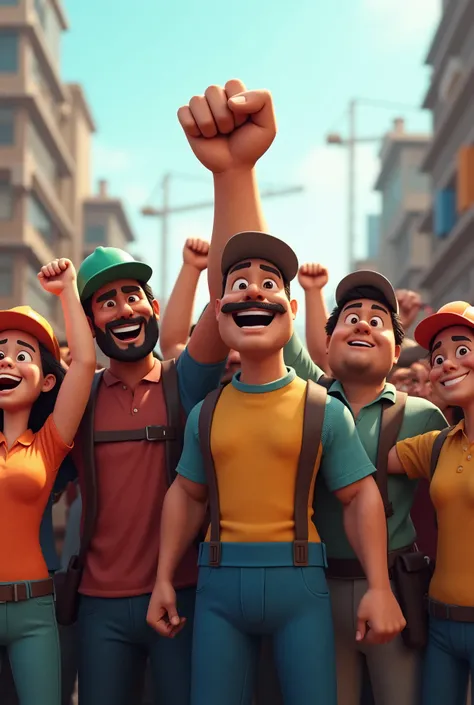 create an image of united workers raising their arms and having their hands up become a single fist; in animated 3d style