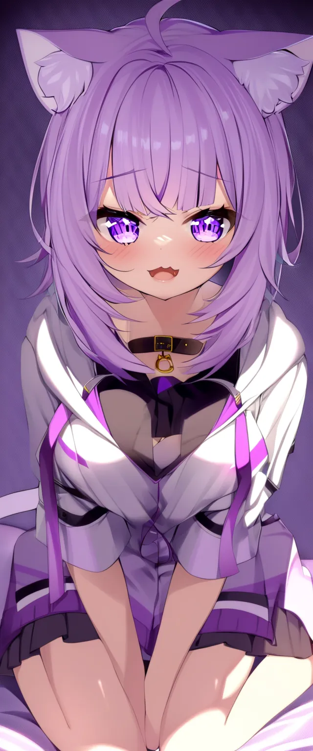 one girl, Nekomata Okayu, cat ears, purple hair,