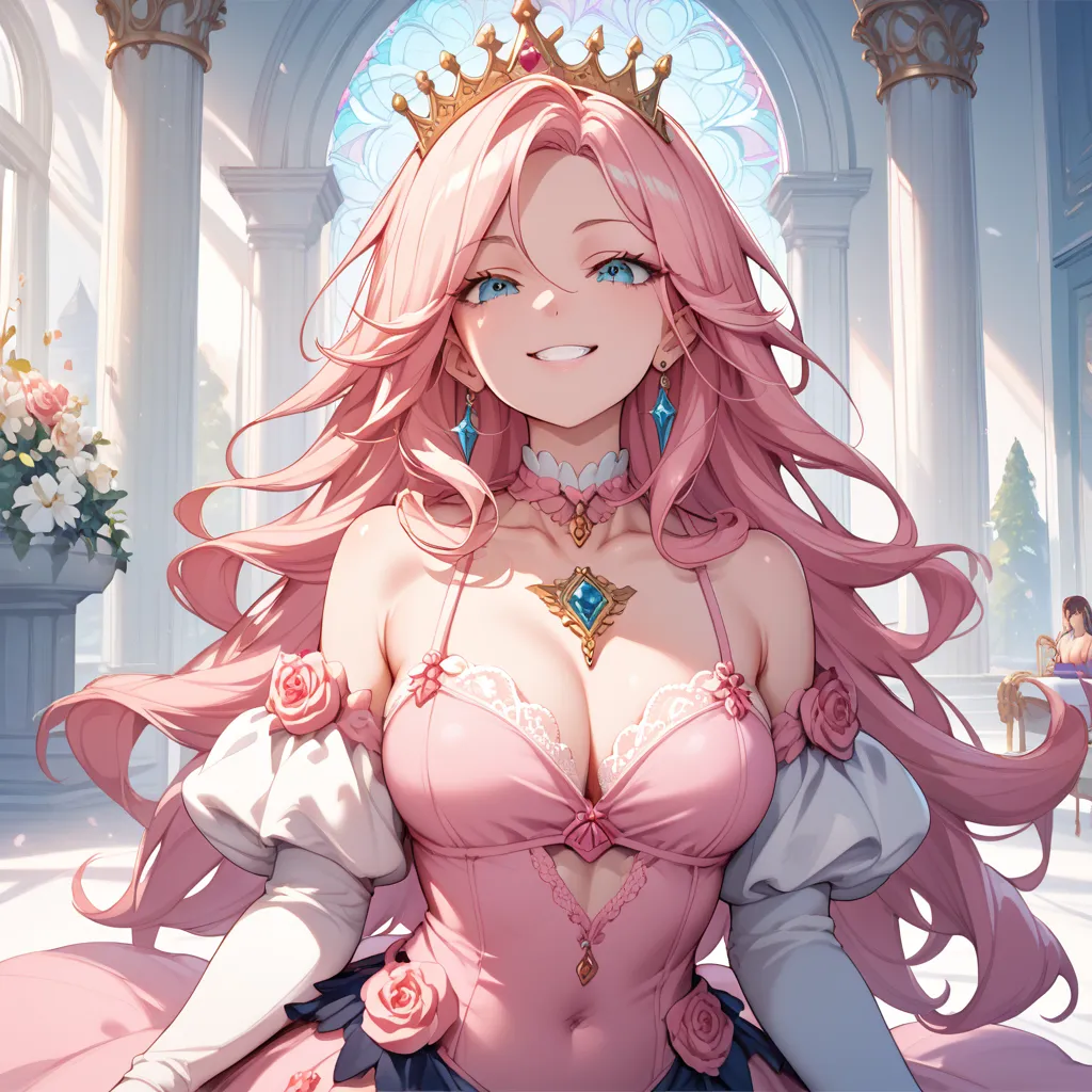 ,  masterpiece,  top quality, Official Art, Great Quality, so beautiful, latest,  is ridiculous,,,  1 girl,  1 man　,chest, large chest,   pink bikini　, long hair,framed chest, Queen, The derogatory expression of ,smile, blond hair,