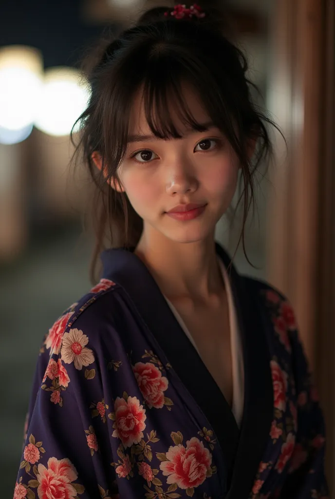 maximum quality: 1.4), Pretty face, Cute face, (Jet black floral yukata: 1.2), Full body, Violet, Gardenia, Delicate girl, Alone, Night, Film grain, Sharp focus, Face light, Professional lighting, Sophisticated, (Smile: 0.4), , Detailed aspects, (Exposed b...