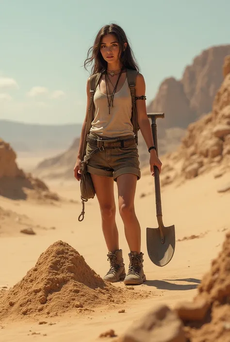 A young archaeologist with a mini sand mountain where she needs to use a shovel but doesn't have any fences