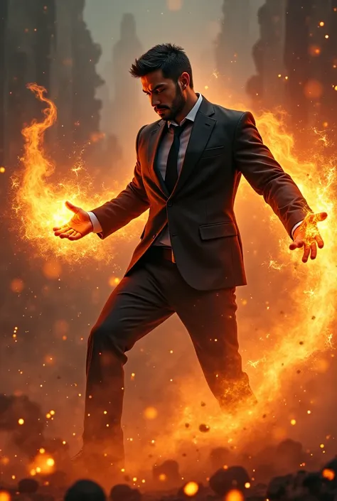 Tall and strong handsome Latino man with short hair and short beard wearing a black suit using fire magic to fight