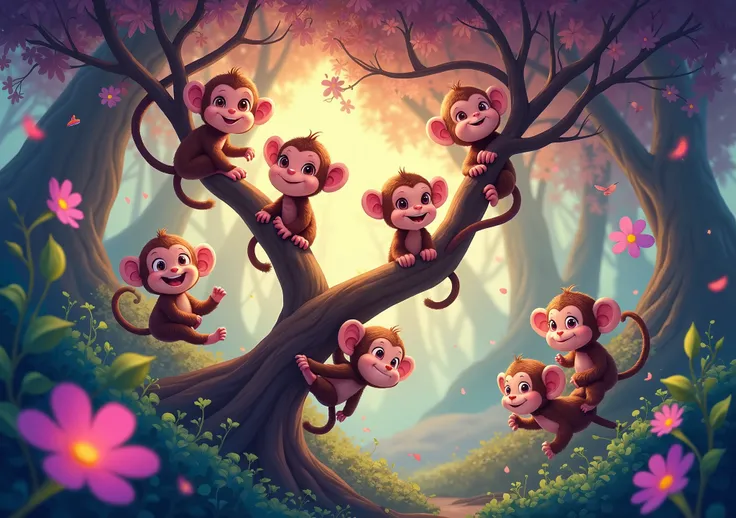 "A colorful, high-quality cartoon illustration of ten playful monkeys in a magical, fantasy jungle. The monkeys are happily climbing, swinging, and playing on a beautifully detailed tree. The background is a dreamy, vibrant forest with glowing flowers, sof...