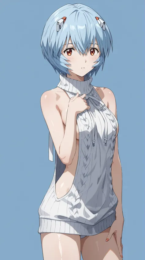 (UHD, retina, masterpiece, accurate, anatomically correct, super detail, high details,   highres, 1080P, 16k、high detail RAW color art:1.3)、 ( Ayanami Rei:1.3)、(short hair、light blue hair:1.3)、(shiny skin:1.3)、(virgin killer sweater:1.3)