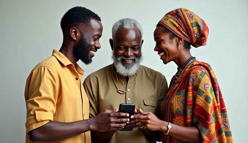 A image blend of a realistic african university student, a rural male farmer and a market woman all holding a simple phone and smiling 