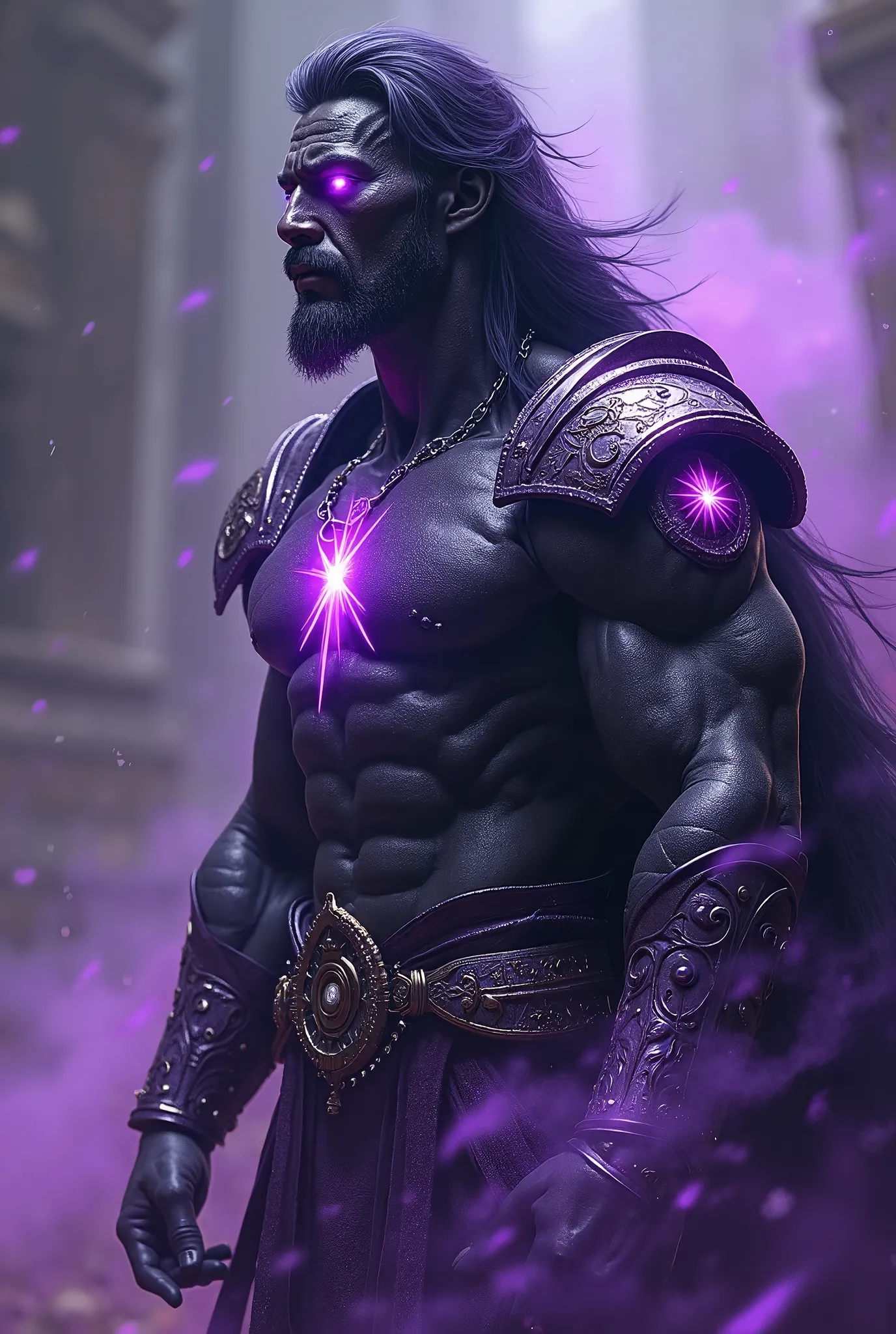 "A powerful, mystical character created by a goddess to be her lover and supreme general. Standing at 2.2 meters tall, he possesses a massively muscular, beautifully sculpted body with dark, violet-black skin that shimmers with an almost metallic glow. His...