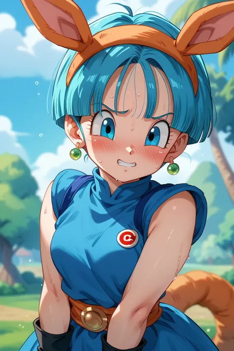 Bulla from Dragon ball GT, cute, embarrased, blue hair, sweaty, sexy, too sweaty, oppai, big breats, sweaty, too embarrased, cute costume.