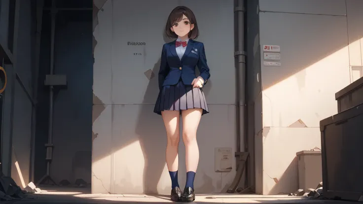 Top quality, Soft light, Super high res, One Japanese woman,,standing in front of concrete wall, tall, cute (shy smile: 0.1), dark brown eyes, medium sized breasts, long dark brown hair, dark blue blazer, dark blue pleated skirt, dark blue socks. Black loa...