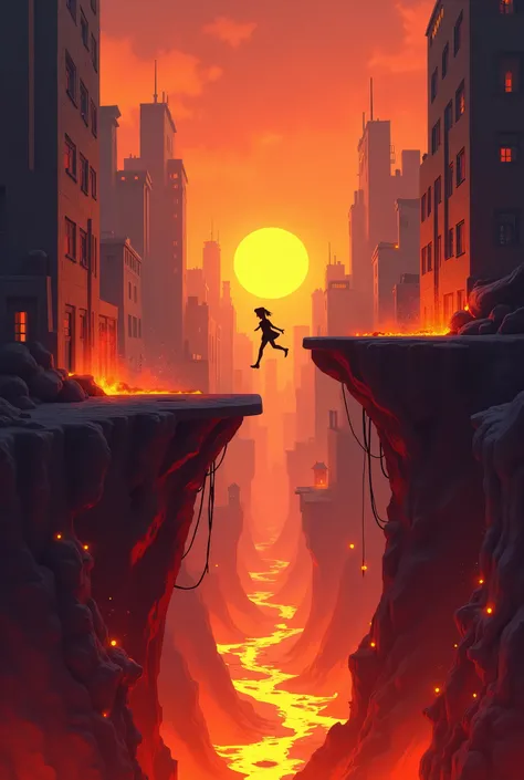 Players start in a stable city but challenges (lava)
soon begin to rise. Players must identify and jump to safe buildings
. Players  reach the final safe platform. it should be a city. show a person jumping from one building to another. add levels to the g...