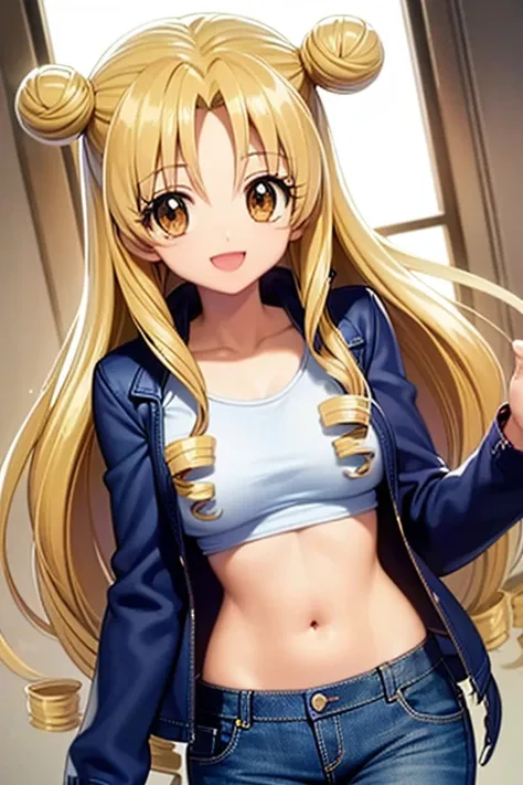 (exceptional, best aesthetic, new, newest, best quality, masterpiece, extremely detailed), Crop top, jeans, 1girl, solo, mitsuki_fullmoon, open_mouth, smile, looking_at_viewer,hair_bun, drill_hair, city