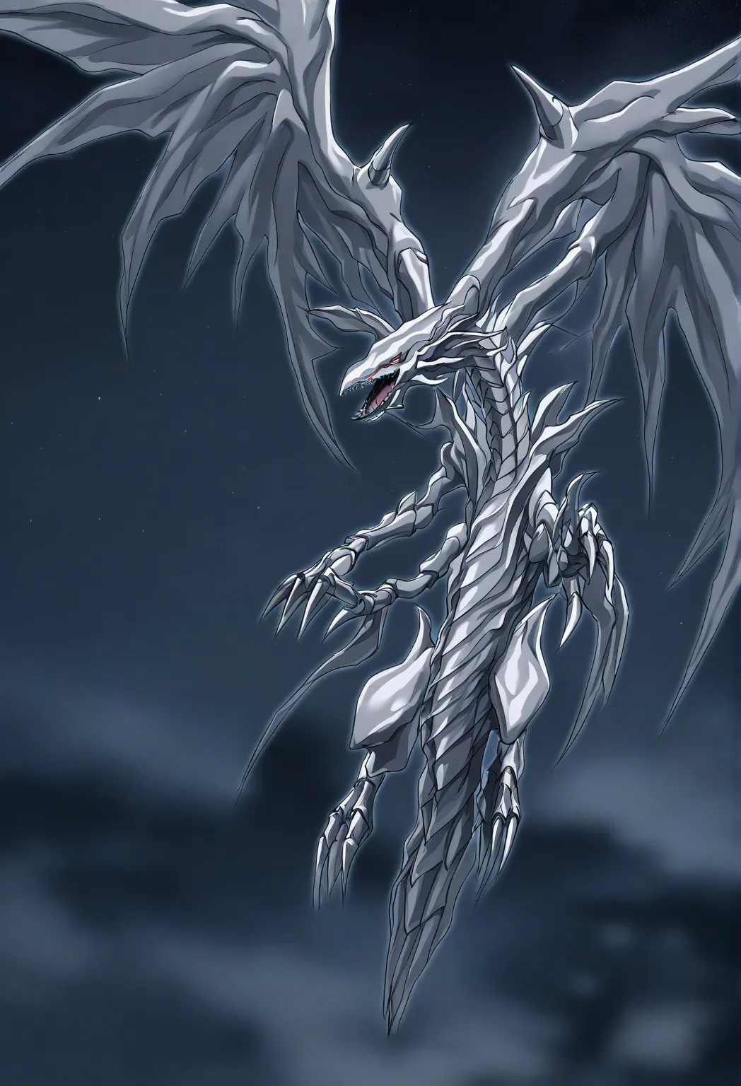 masterpiece, best quality, high quality, anime, 1 dragon, solo,  Grey skinned dragon, Long body, Long wings, grey dragon, flying, soaring the night sky