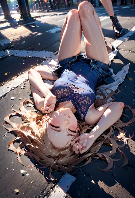 young woman, sleeping, (closed_eyes), lying down on pedestrian road, her back on road, turning up face, BREAK, {forehead, blonde hair, long hair}, BREAK, (pastel blue floral mesh shirt, sleeveless shirt, v-neck shirt), prussian blue denim pencil mini skirt...