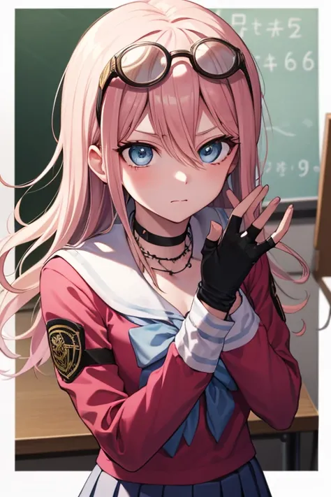 Miuiruma ,  Mew Iruma , Ahogge,  Pink Hair,  blue eyes,  glasses,  glasses on head,  long hair, 
Breakbow , Choker, fingerless glove, glove, pink shirt,  school uniform , Seraph, shirt,  Skirt, uniform,
 pauses to look at the audience ,
BREAK IN THE HOUSE ...