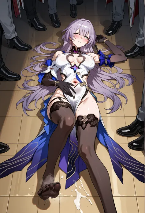  score_9,  score_8_high,  score_7_high, Those_Honkai-Star-Rail, Aglaea, sehr thiner körper, long gray-purple hair , natural breasts,Blush, thigh stockings,Gloves,lange thine Beine,  very slim hip, thin,sweat,elbow Gloves, covered nipples , concealed belly ...