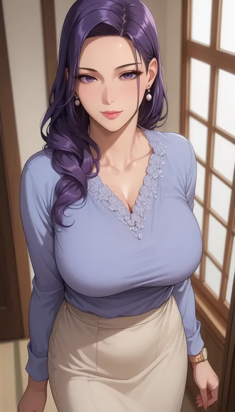 ( masterpiece, Highest_ quality:1.2),  1 girl, Alone,  mature woman,  purple hair,  long hair, (housewife:1.5,  casual clothes ,  skirt,  Long Sleeve),  beautiful eyes,  focused on women,  Watch viewers,  big breasts, 幅広い腰, (( view from above)) ((  close-u...