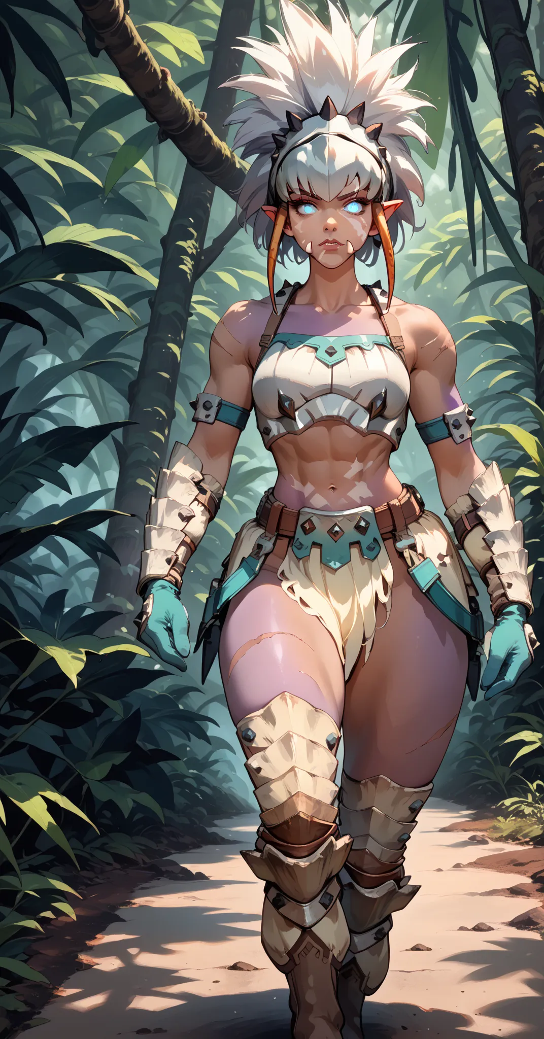 Trolls
large pointed ears, large nose, fangs
tusks, sexy beautiful female troll,  toned body,, curvy, thick thighs, narrow waist, wide hips, hips bonés, collarbones, dark  purple skin, white hair, (big high mohawk hairstyle:1.2), tribal tattos, sexy, ((ver...