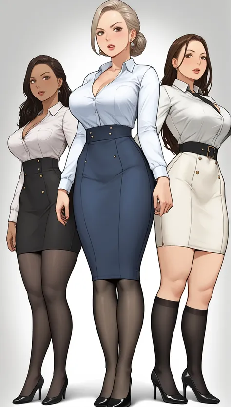  quality;{ Ultra-realistic,  high definition,  Details,  high res, 8k, Realistic color saturation , プロフェッショナル quality,  perfect contrast, (Light Gray Background:1.1), ( correct anatomy ), (18 year old beautiful secretaries standing in black stockings, acce...