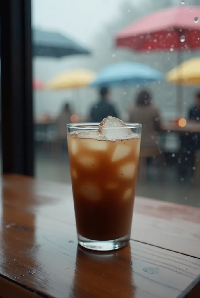 The picture of the coffee glass has faded because of the melting of the ice, placed on the wooden table, Inside the cafe,  outside the glass window is raining, The line of umbrellas hurried away quickly,  Gray tone , brown, sad u