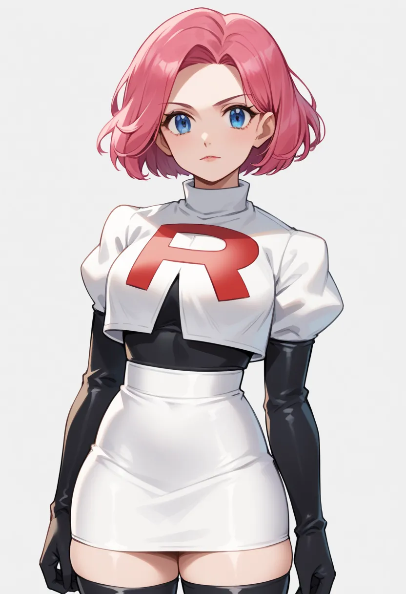 Appearance :  Young Woman,  muscular body,  thick thighs,  medium breasts,  big jacket,  pink hair,  short hair,  white skin,  blue eyes,  delicate face Clothes:  Cosplay_TeamRocket, team rocket uniform, white jacket, cropped jacket, white skirt, elbow glo...