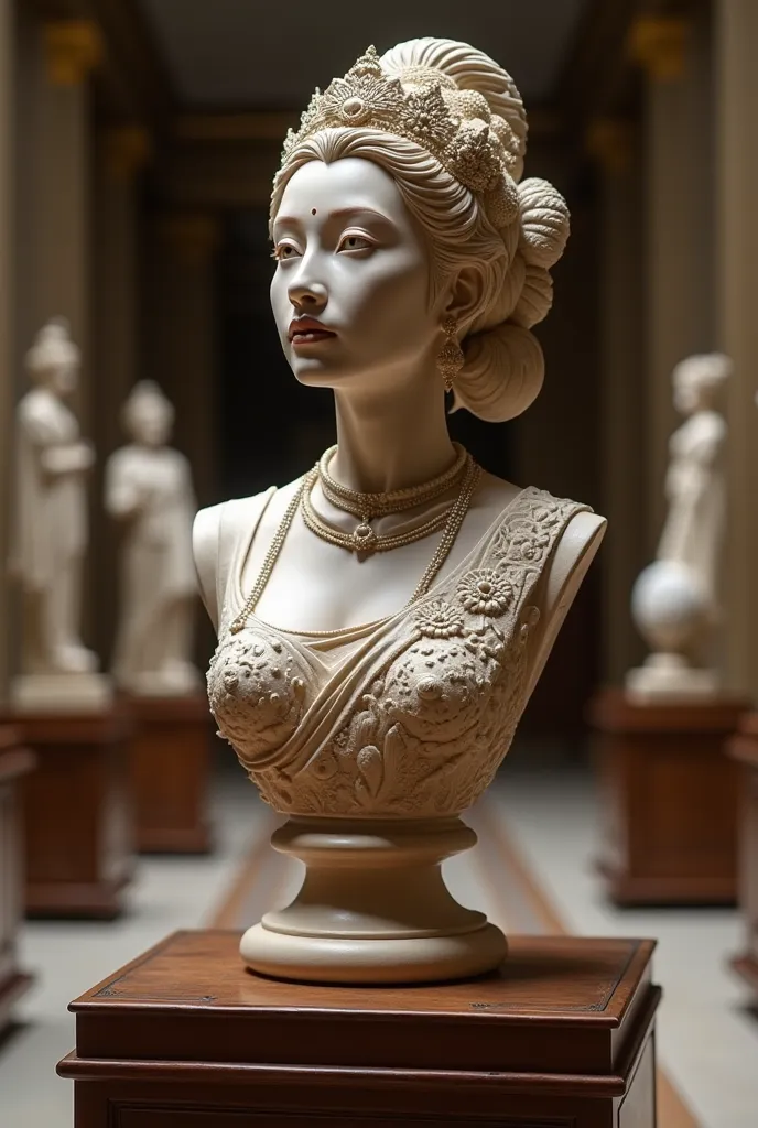 (((Realistic Masterpiece bust statue on the table))) a beautiful indonesian woman in the museum