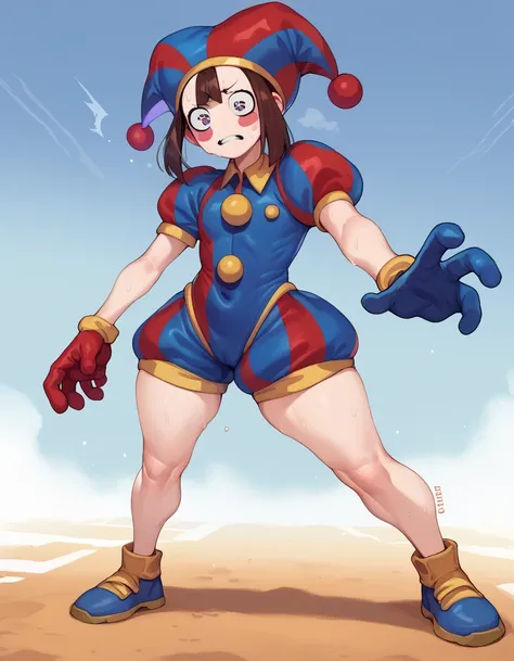 Score _9, Score _8_climb, Score _7_climb, Source_Anime,  alone, 1 girl, Remember , White skin,  Blush On Stickers, sweat, awestruck,  stance, Jester's hat ,  striped clothing ,  Inflatable Short Sleeve , Mismatched Gloves , Puffy Shorts  , very big hips,bo...