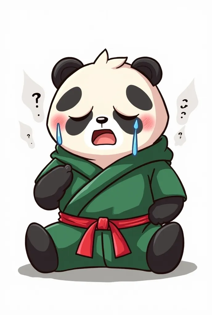 Draw a panda dressed in a green ninja outfit (color code #2BC48A) with a red belt, sitting and crying out loud, with two streams of tears flowing down because it couldn't solve the problem. The background should be white. The panda should be drawn in a car...