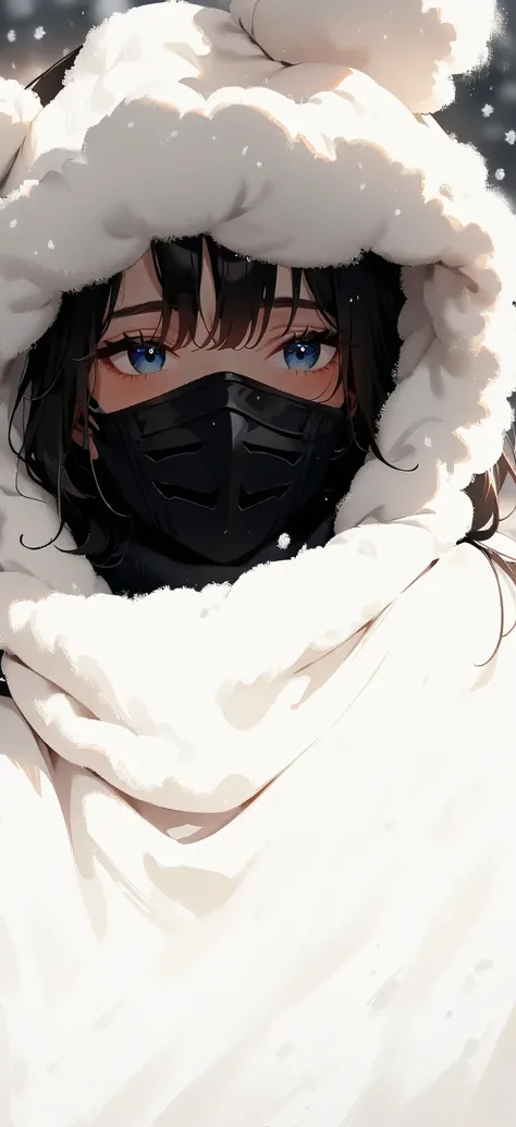 1girl, larg blue eyes, wearing a white coat and a black mask, cold, with a covered face, covered face, a cold, wearing all black mask, face covered, cold snow outside, wearing hood, chilly,mask, cold weather, wearing fluffy black scarf, chiho