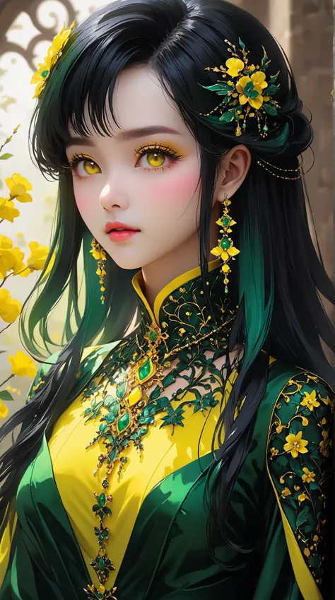 Kizi，Highly detailed, Amazing work，Vitreous luster,((clean backdrop))，In green，(((yellow colors)))，blue color，pink colour，Best quality at best，clean backdrop。goth, plunging neckline,  shiny skin, masterpiece:1.5, 