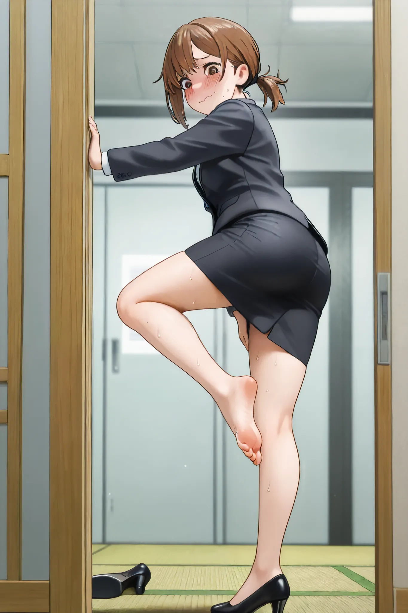  top quality:1.5. Masterpiece:1.5
real
Beautiful office lady
One person :1.5
Wearing a black business suit:1.5
black tight skirt :1.5
short hair
Ponytail
brown hair
Barefoot
foot sole
Stand on one leg with your right foot
barefoot:1.5
Steam is coming out o...