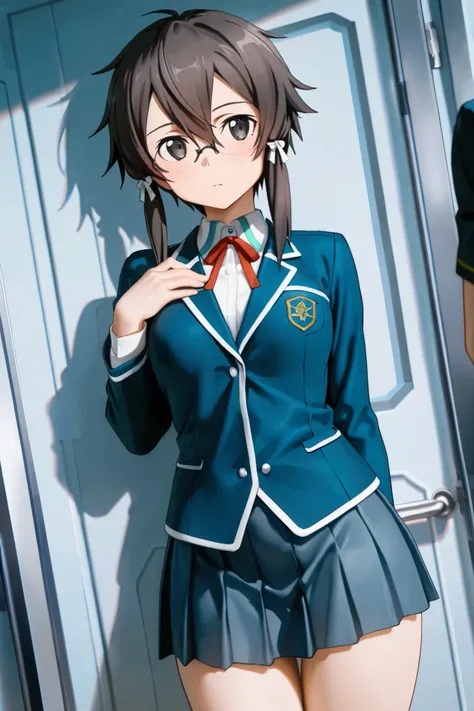 NSFW, Masterpiece, top quality, high res, very detailed, Asada Shino\( Sword Art Online\), hair between eyes、 SHORT HAIR、 side lock, dark eyes、 dark hair、Glasses、ヘアribbon, blazer、黒い jacket、黒い skirt、 jacket、 tie、プリーツ skirt、赤い tie、ribbon、uniform、 skirt,Schoo...