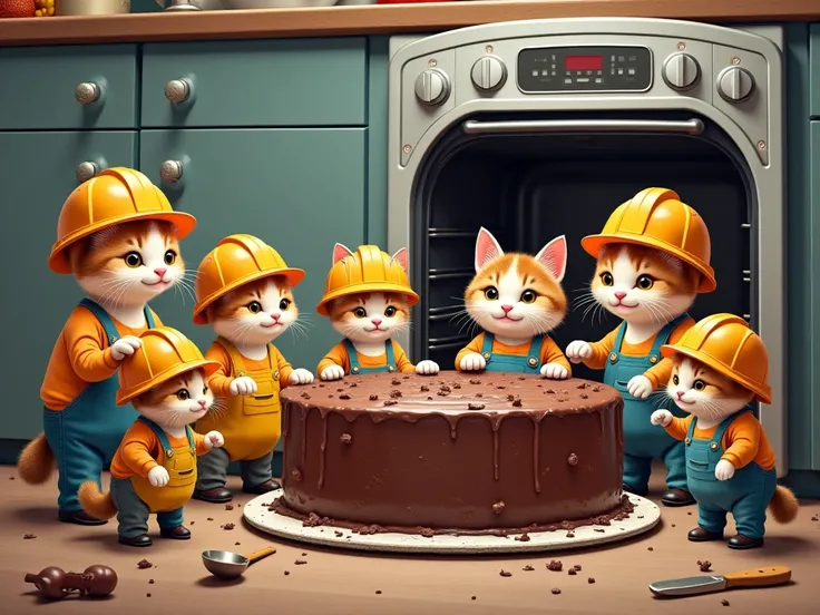 It shows small construction workers of cats standing next to an oven preparing chocolate cake