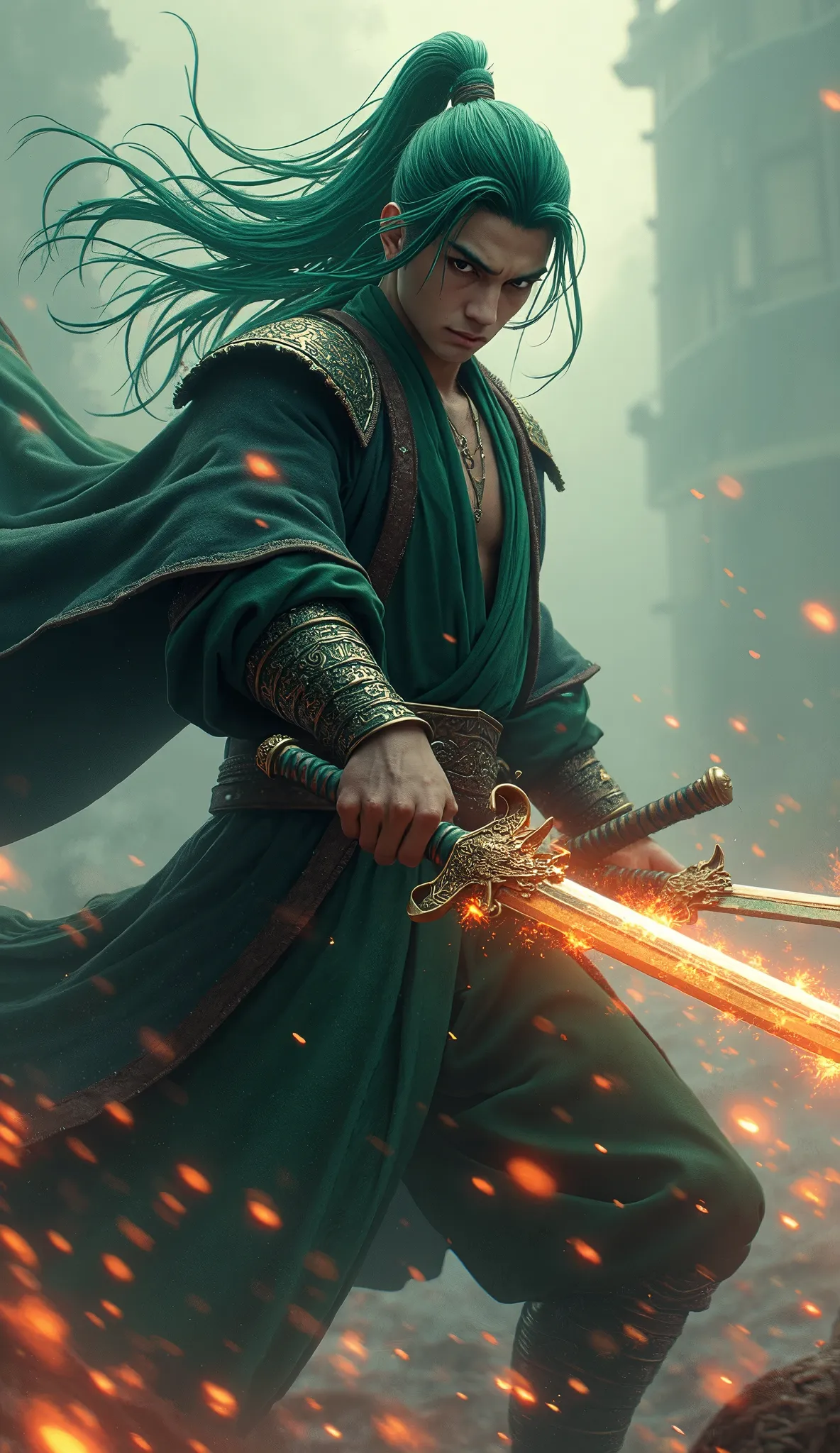 An ultra HD 8K anime-style illustration of a fierce swordsman in battle mode, inspired by legendary warriors. He wields three swords with perfect precision, his intense gaze locked onto his opponent. His green hair flows in the wind as his battle aura igni...