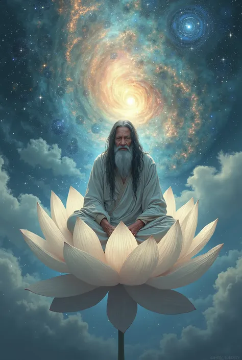 Spiritual old man with long black hair sitting on a white lotus flower in the sky with a nebula behind him. Peaceful, meaningful scene