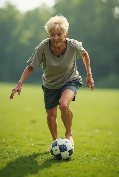 Elderly woman with very short blond hair playing soccer barefoot 