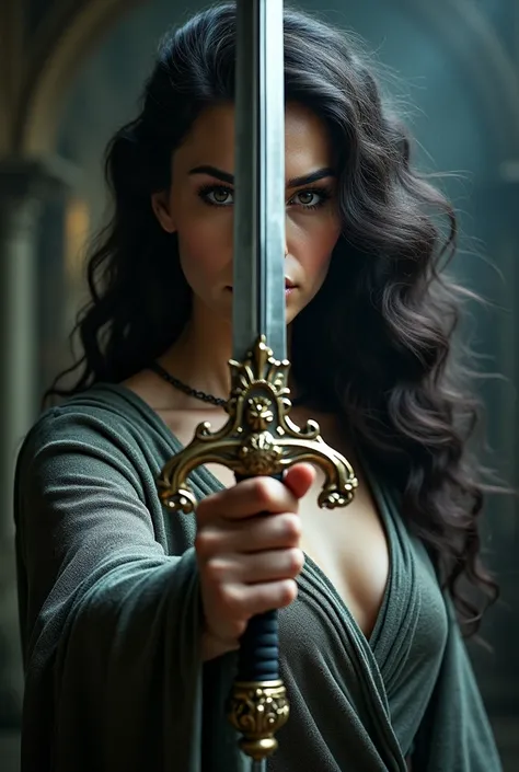 a woman giving the sword showing half her hair messy and the other half curly and beautiful 