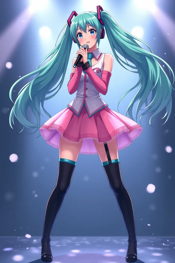  Realistic illustration of Hatsune Miku short skirt pink costume and blouse,long black boots above the knee ,  singing on stage, bright white lights , Full body anime style 