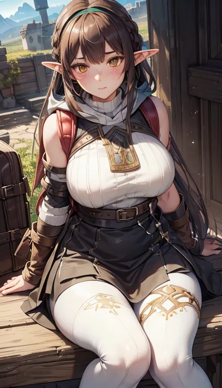 ((best quality))) (((HD))) (((8k))) (character) 20-year-old woman, ((adventurous)), freckles, elf, short stature and plump, chunky ((large breasts)), (wide hips:1.2), long pointy ears, ((beautiful)), ((brown hair)) and ((very long hair)), (leather hair ban...