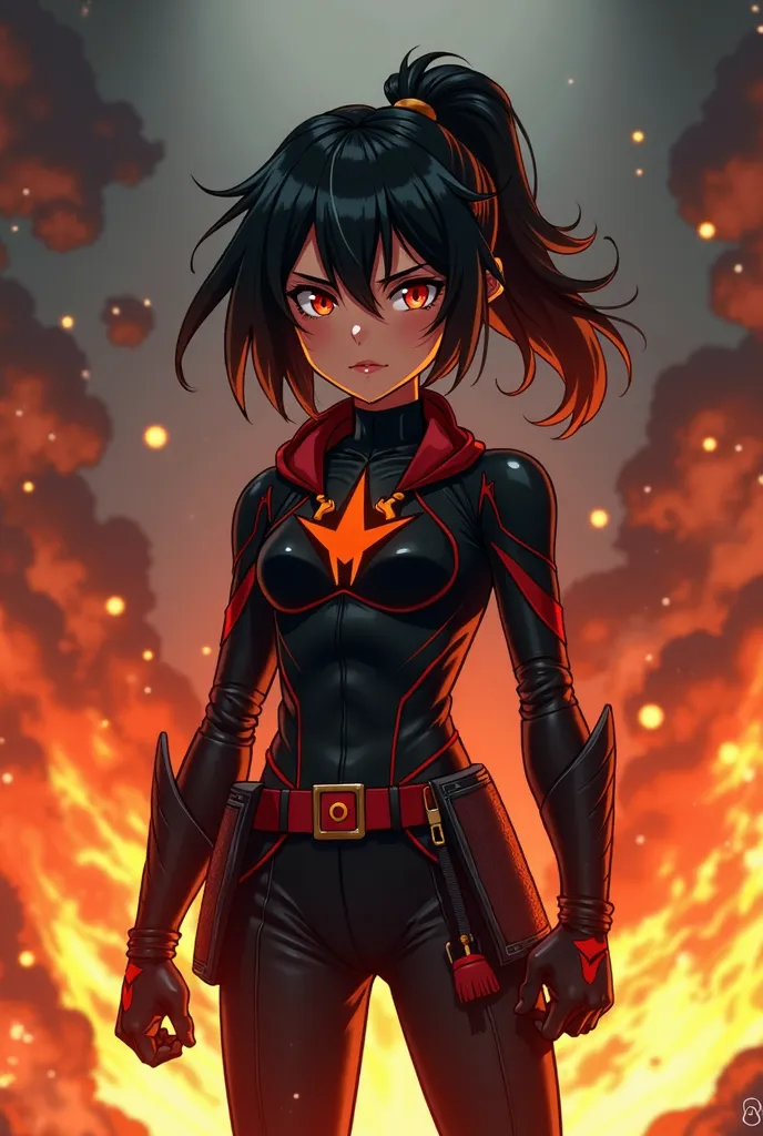 girl on a white background wearing hero clothes with a fire and ash theme, Predominantly black clothing ,  anime style cartoon Boku no Hero Academia 