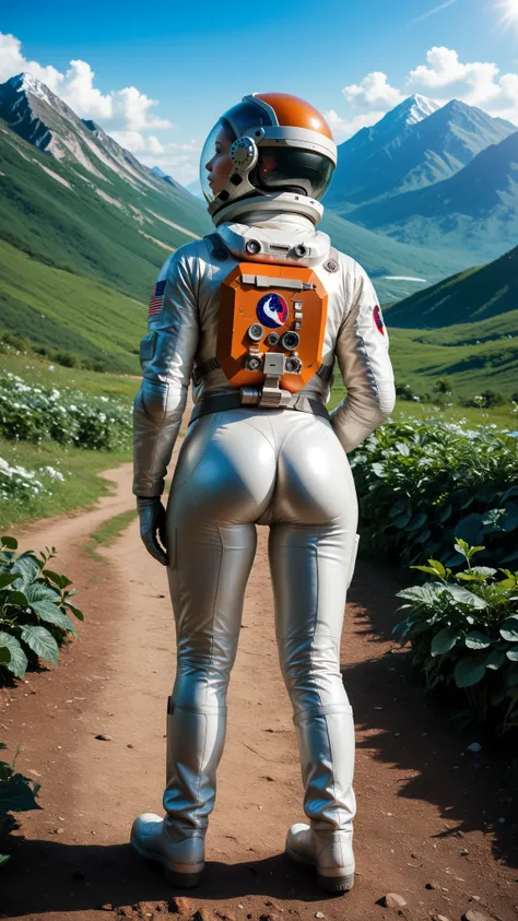 (date:20250212, By:Joulios) Highly detailed RAW color Photo, Rear Angle, Full Body, of (female space astronaut, wearing orange and white space suit, helmet, tined face shield, rebreather, accentuated booty), outdoors, (looking up at advanced alien structur...