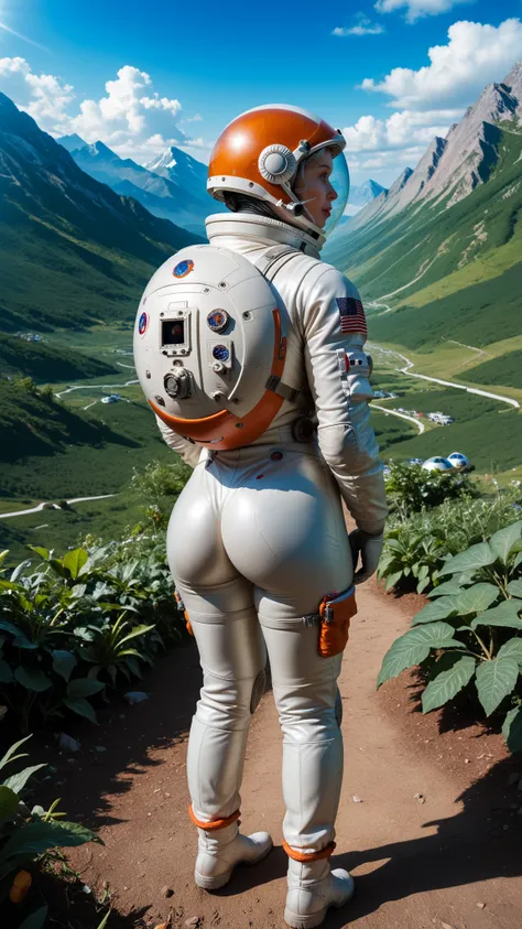 (date:20250212, By:Joulios) Highly detailed RAW color Photo, Rear Angle, Full Body, of (female space astronaut, wearing orange and white space suit, helmet, tined face shield, rebreather, accentuated booty), outdoors, (looking up at advanced alien structur...