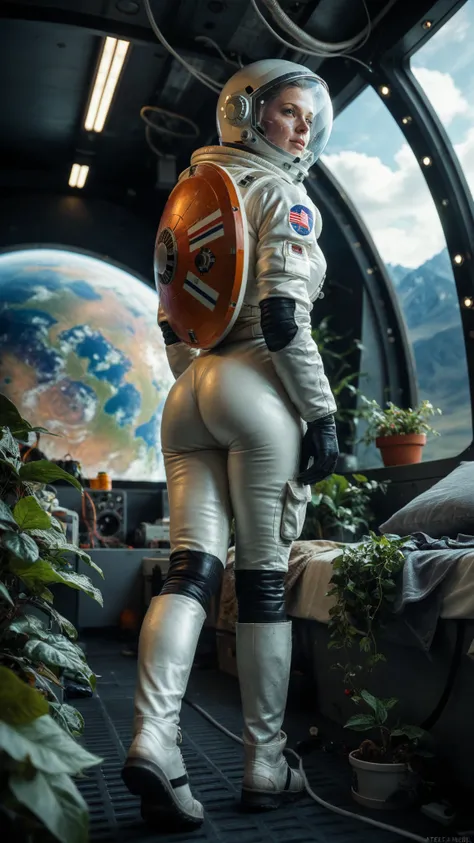 (date:20250212, By:Joulios) Highly detailed RAW color Photo, Rear Angle, Full Body, of (female space astronaut, wearing orange and white space suit, helmet, tined face shield, rebreather, accentuated booty), outdoors, (looking up at advanced alien structur...